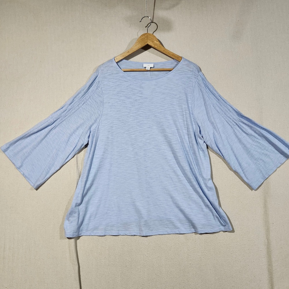 J. Jill Pale Blue Pleated Shoulder Slub Knit Top 2X Womens 3/4 Sleeve NEW